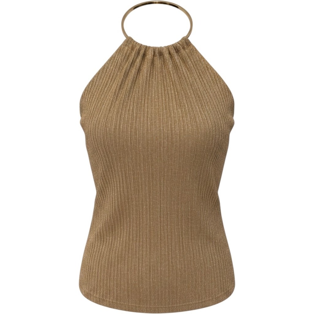 Cache Halter Top Large Gold Metallic Pleated Ring Neck Tie Back